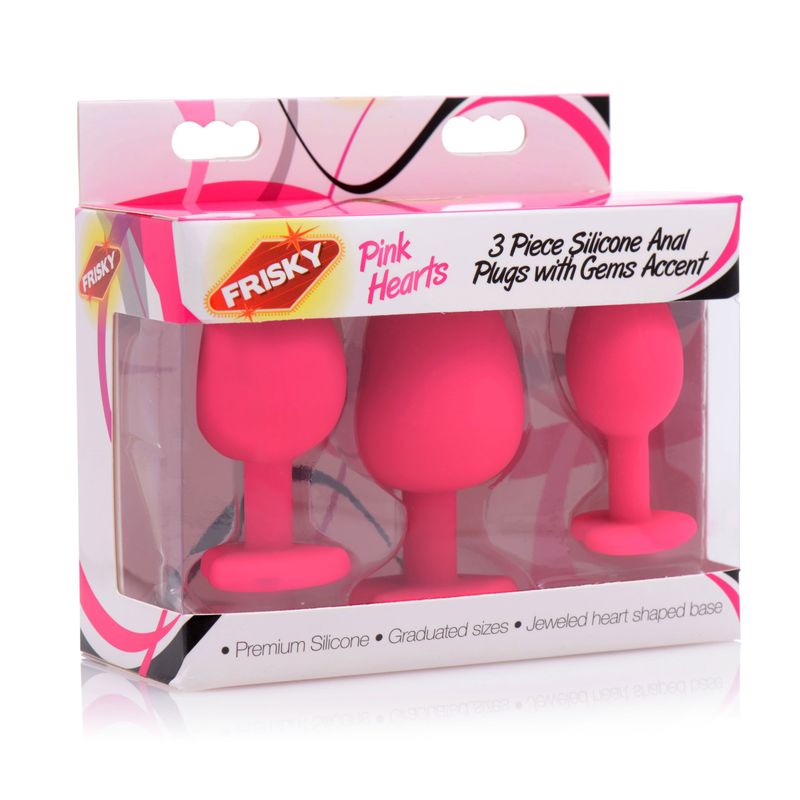 Pink Hearts 3 Pc Silicone Anal Plugs with Gem Accents