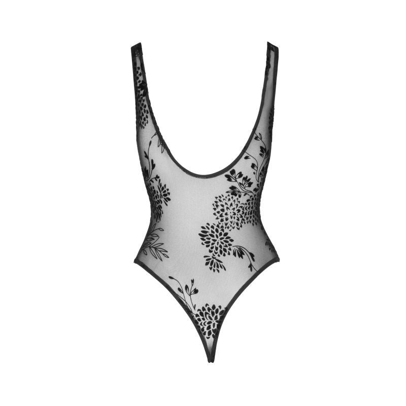 Tulle Bodysuit w Patterned Flock Embroidery
