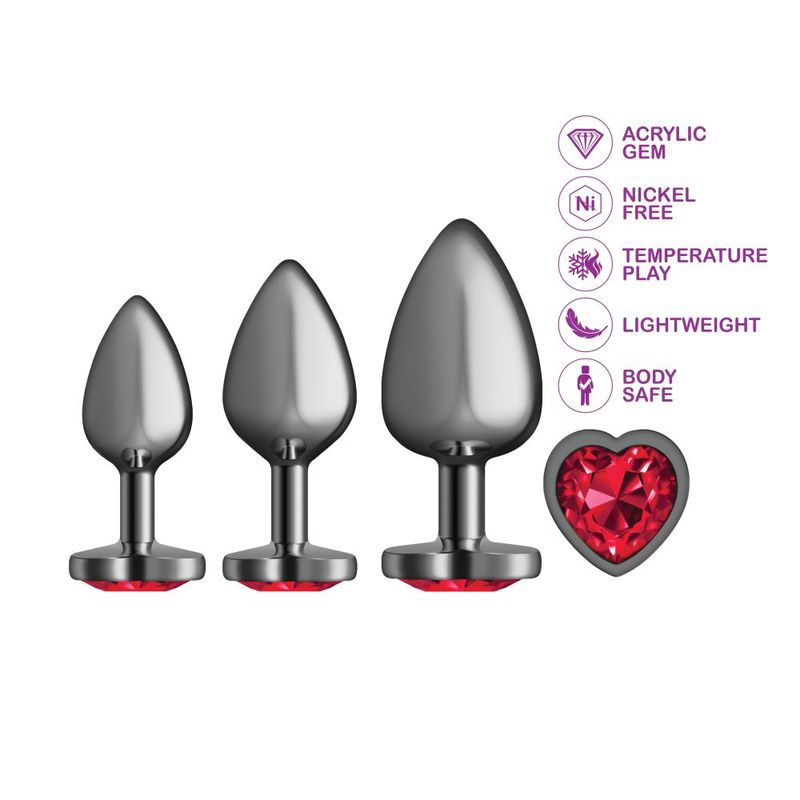 Cheeky Charms Round Metal Butt Plug Gunmetal 3 Pc Kit w Dark Red Heart Jewel