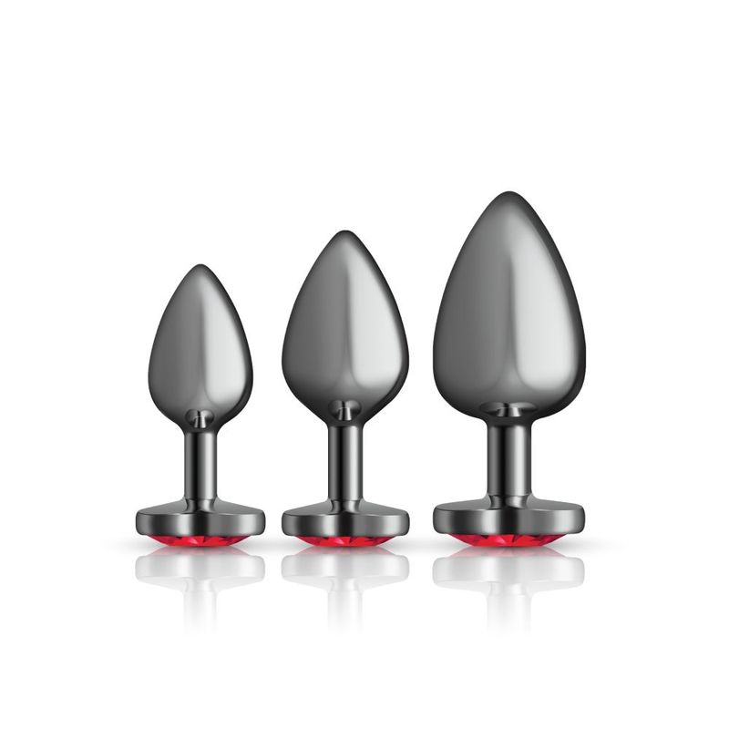 Cheeky Charms Round Metal Butt Plug Gunmetal 3 Pc Kit w Dark Red Heart Jewel