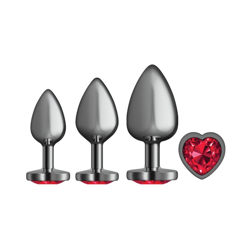 Cheeky Charms Round Metal Butt Plug Gunmetal 3 Pc Kit w Dark Red Heart Jewel