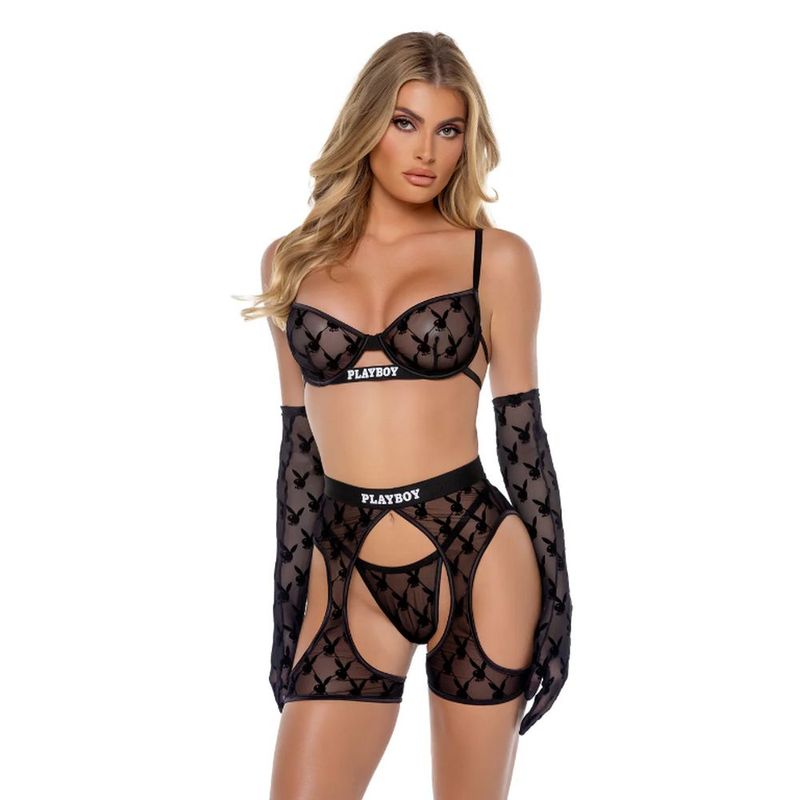 Playboy Flocked Bunny Chaps 3 Pc Set Black
