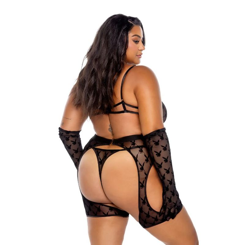 Playboy Flocked Bunny Chaps 3 Pc Set Black