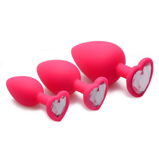 Pink Hearts 3 Pc Silicone Anal Plugs with Gem Accents
