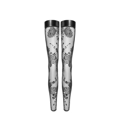 Tulle Stockings w Patterned Flock Embroidery & Power Wetlook Band