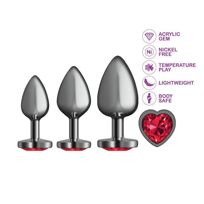 Cheeky Charms Round Metal Butt Plug Gunmetal 3 Pc Kit w Dark Red Heart Jewel