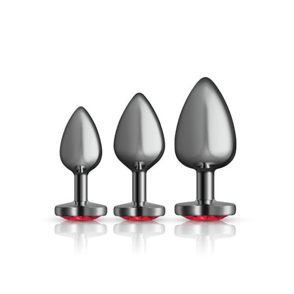 Cheeky Charms Round Metal Butt Plug Gunmetal 3 Pc Kit w Dark Red Heart Jewel