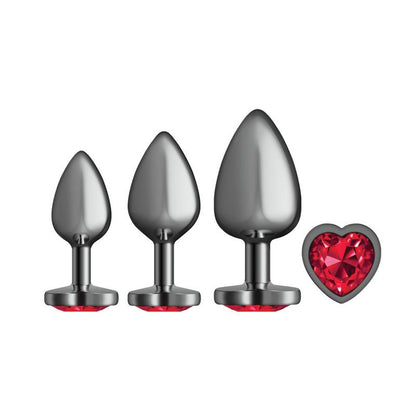 Cheeky Charms Round Metal Butt Plug Gunmetal 3 Pc Kit w Dark Red Heart Jewel